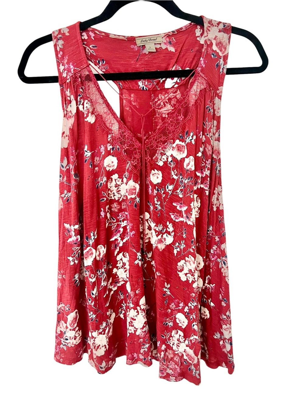 Lucky Brand Tank Top Womens L Red Floral Lace V-Neck Racerback Boho